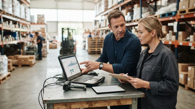 Two people working through what manufacturing inventory management software is telling them