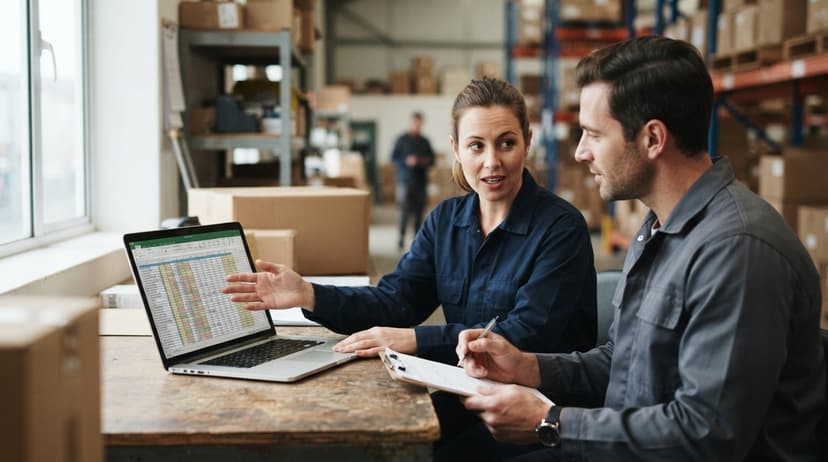 Two people working through what ms excel inventory template is telling them