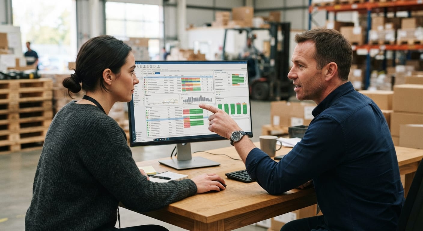 Two people working through what order management program is telling them