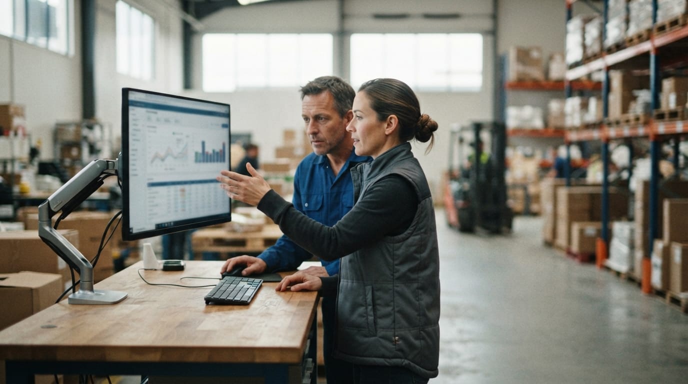 Two people working through what order management software is telling them
