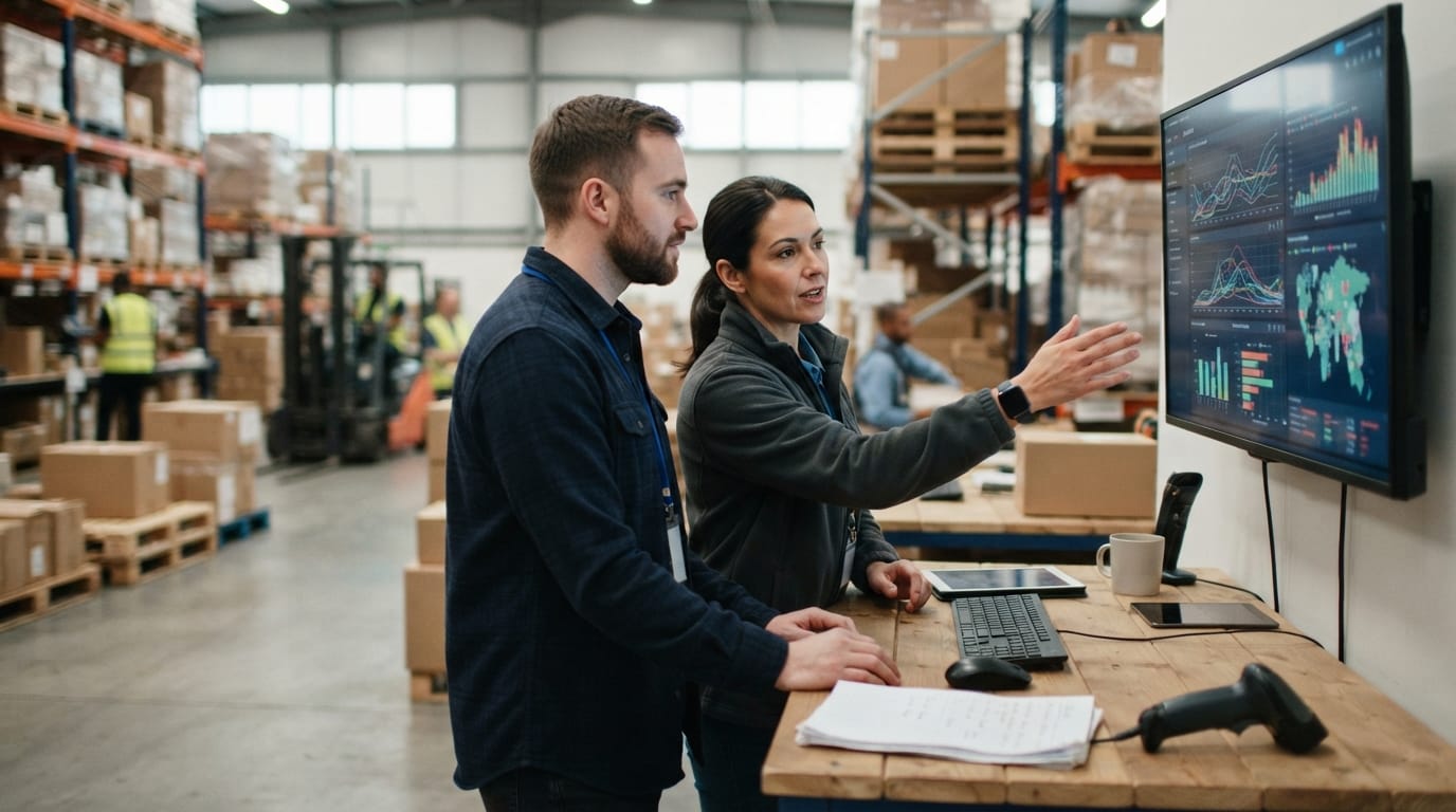 Two people working through what order management system is telling them