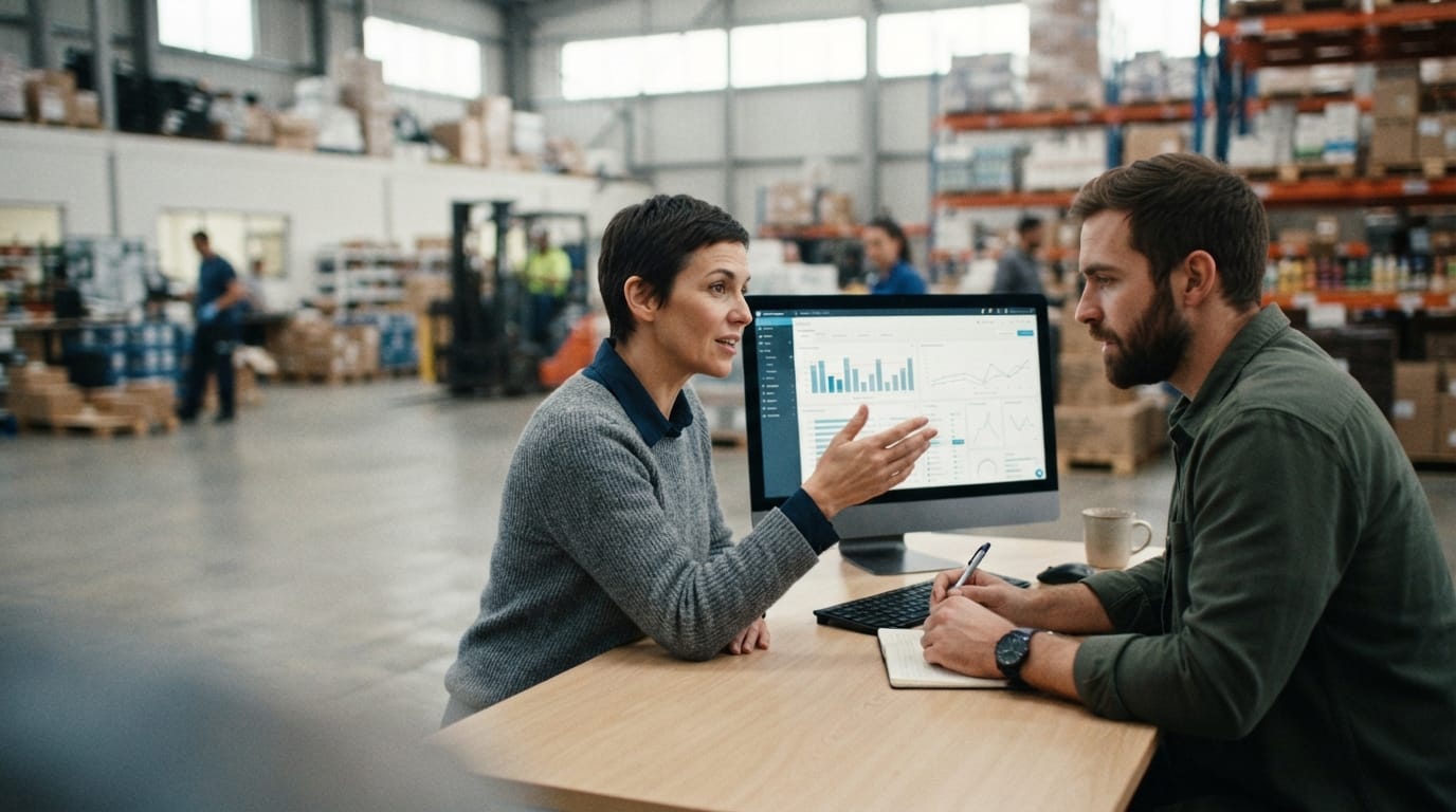 Two people working through what ordering management system is telling them