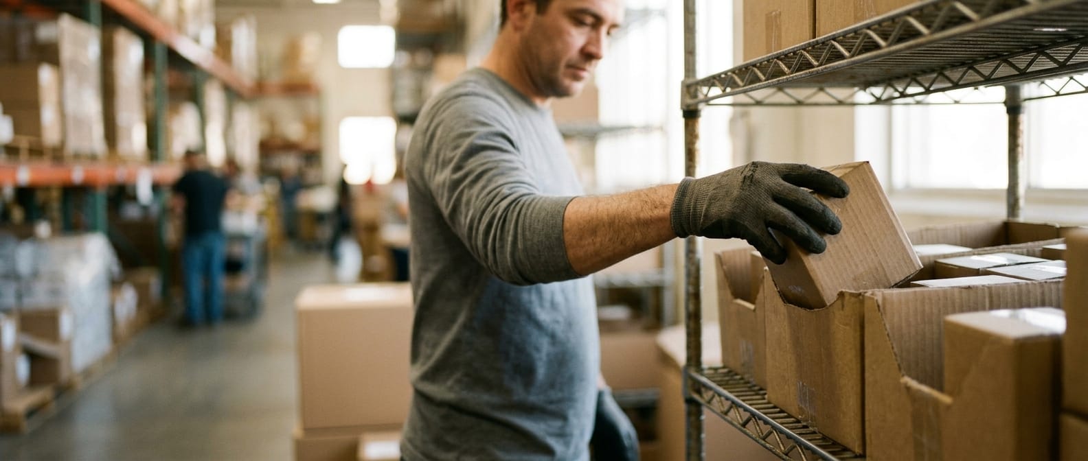 Close detail from the work pick and pack in warehouse supports