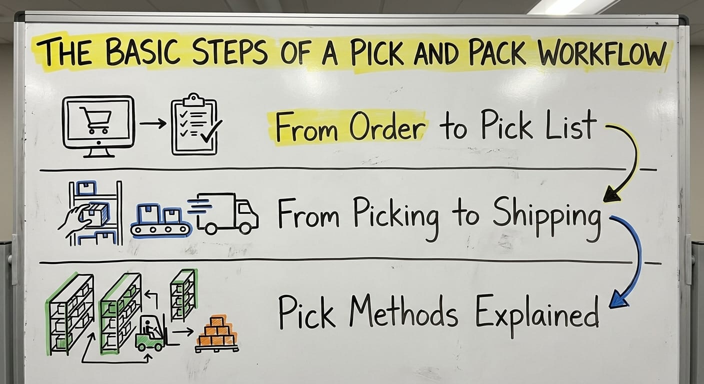 The Basic Steps of a Pick and Pack Workflow, drawn out