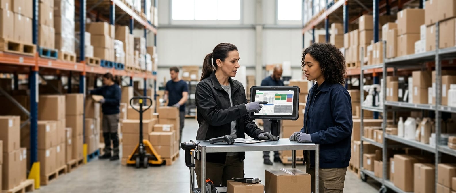 Two people working through what pick and pack in warehouse is telling them