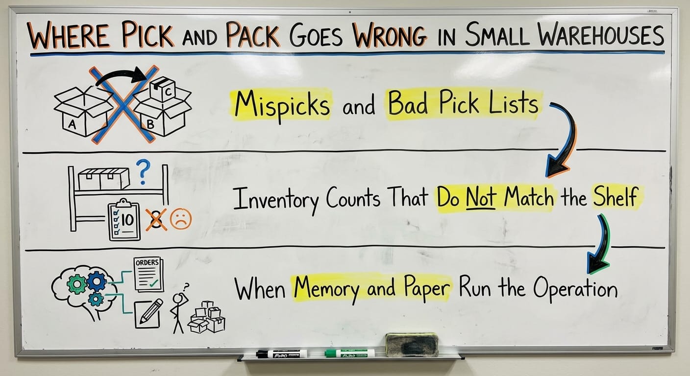 Where Pick and Pack Goes Wrong in Small Warehouses, drawn out