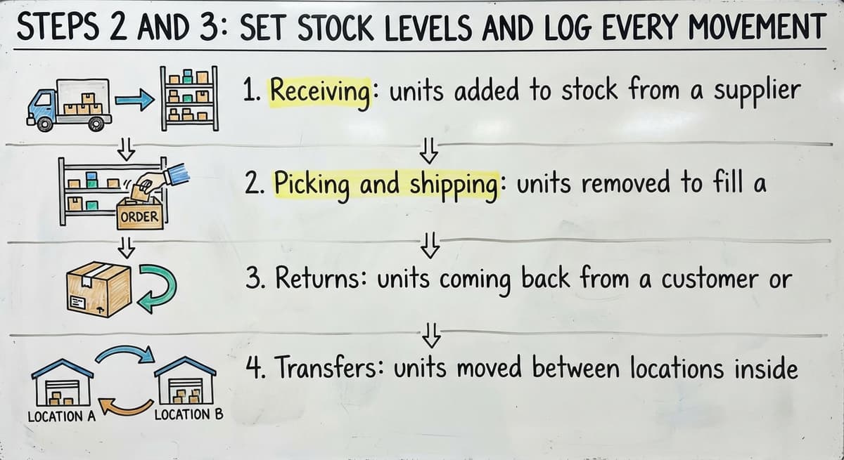 Steps 2 and 3: Set Stock Levels and Log Every Movement, drawn out