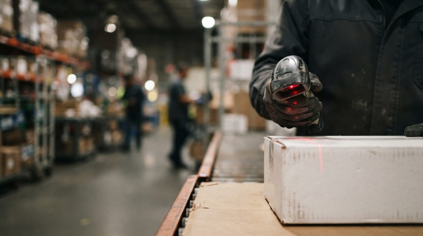 Close detail from the work product fulfillment center supports