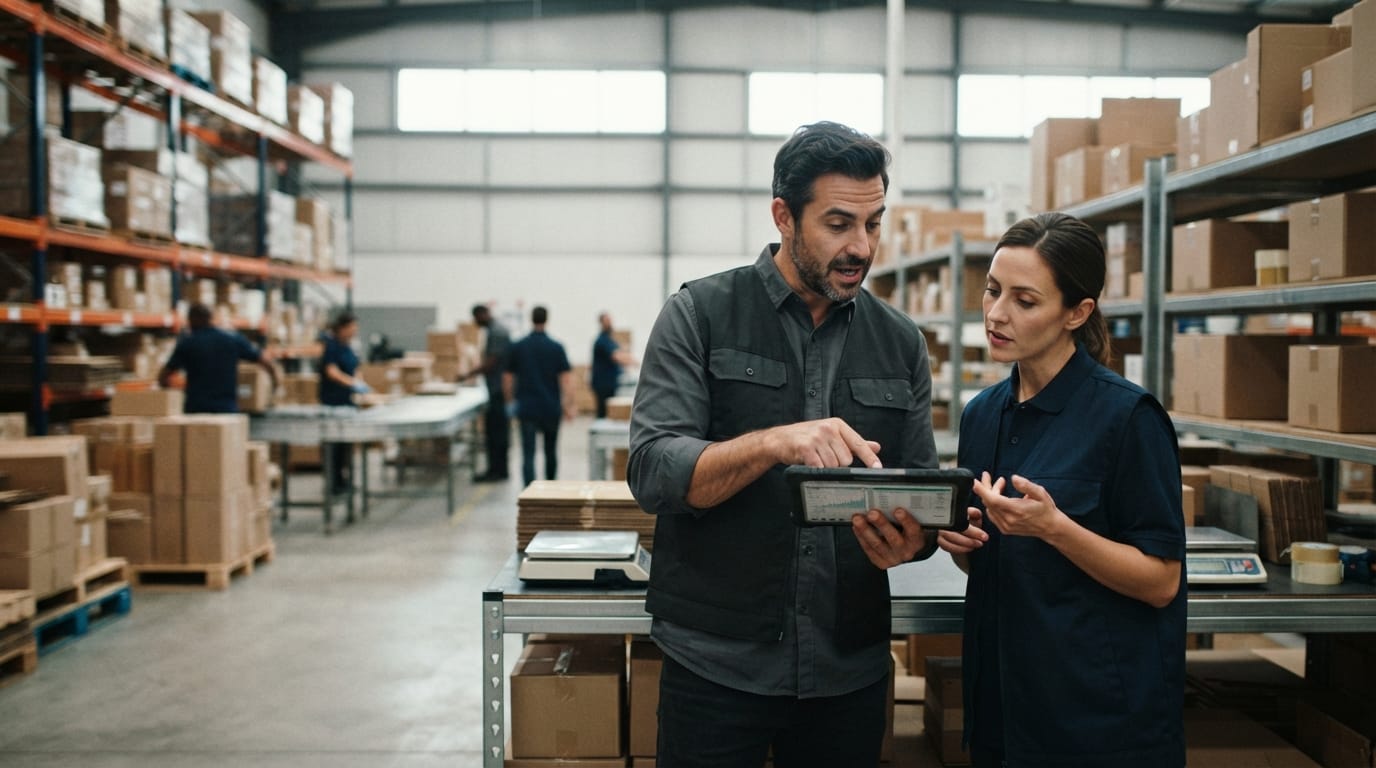 Two people working through what product fulfillment center is telling them