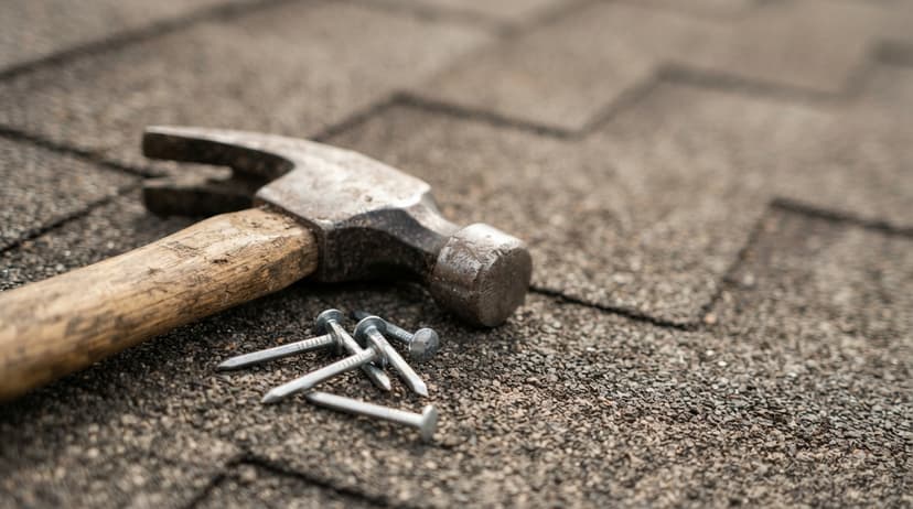 Roofing tools resting on new asphalt shingles