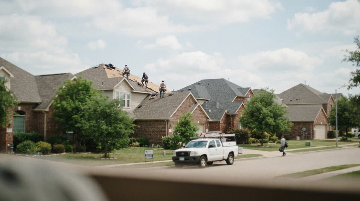 A roofing crew at work on a house, the kind of job a landing page should bring in