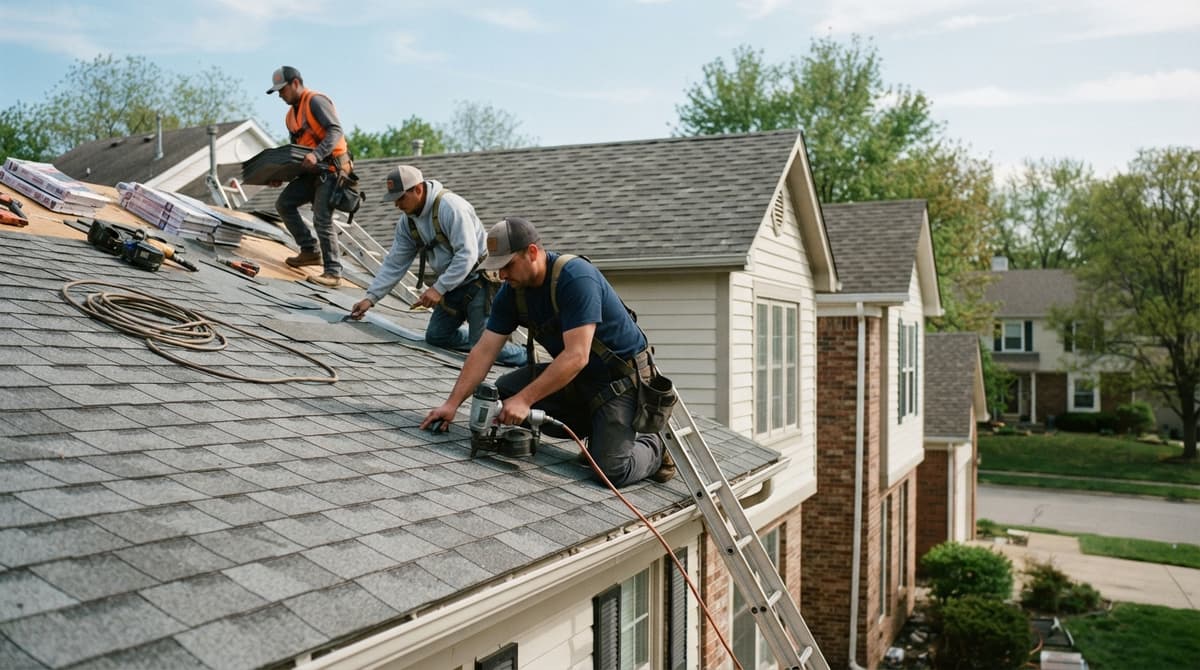 Roofers laying new shingles on a family home