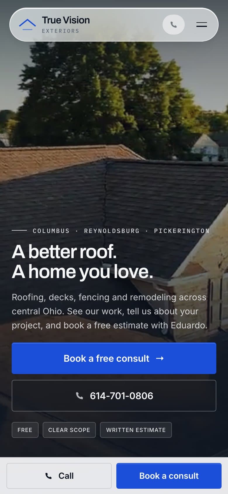 A roofing page on a phone with call and book buttons pinned to the bottom of the screen