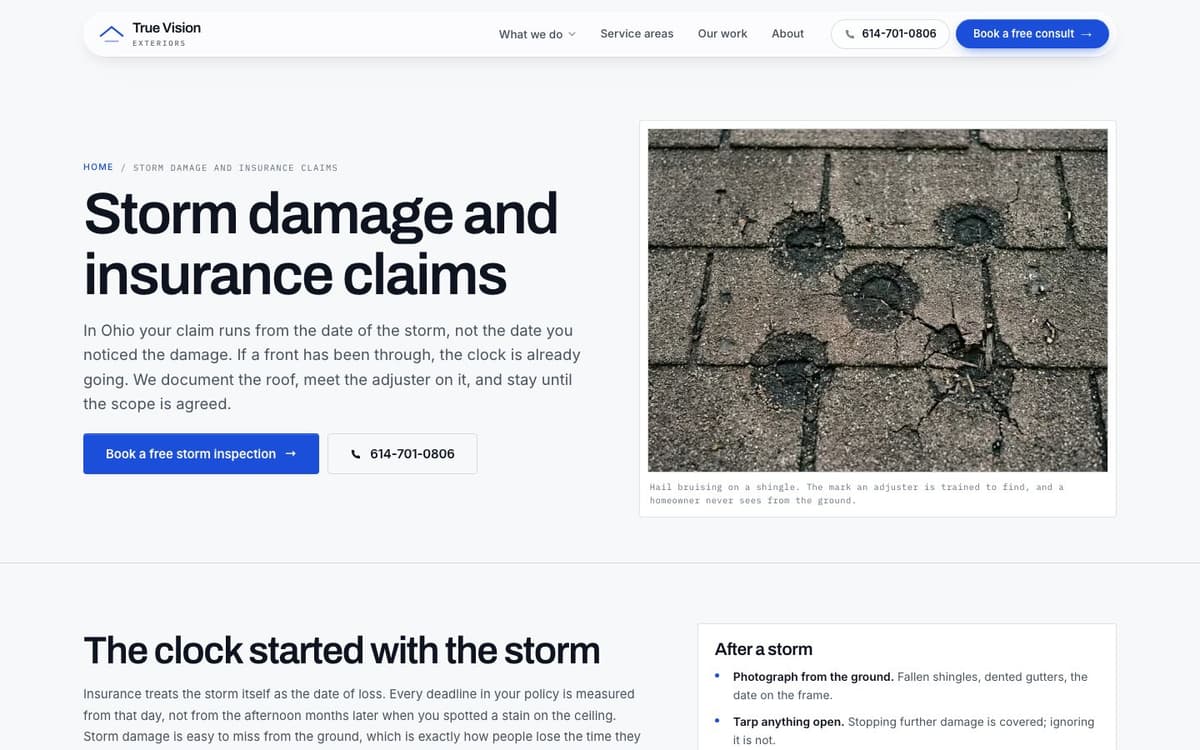 A roofing storm damage landing page we built, with the service in the headline, a free storm inspection button and the phone number
