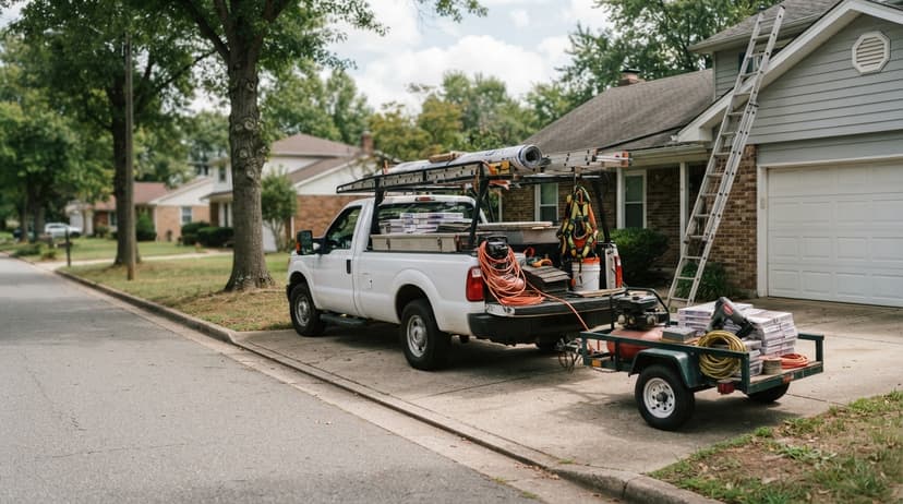 A roofing contractor's work vehicle parked outside a home