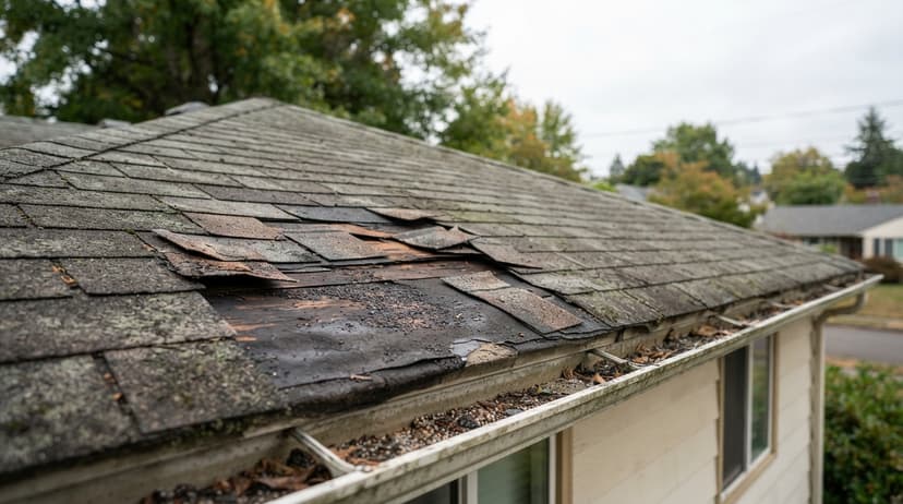 Damaged, lifting shingles on an older roof
