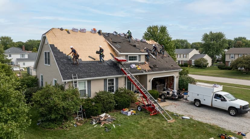 Aerial view of a roof replacement underway on a suburban street