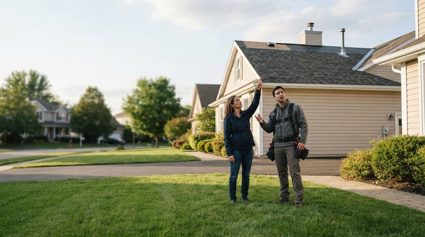 A roofer talking through the work with a homeowner outside her house