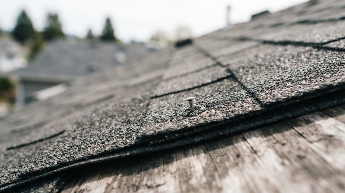 Close-up of new asphalt shingles and a roofing nail along the roof edge