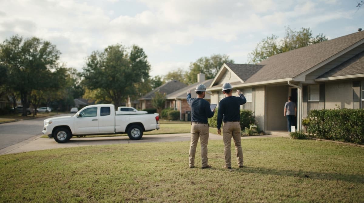 Two roofers looking up at a house from the front lawn, their pickup parked on the street
