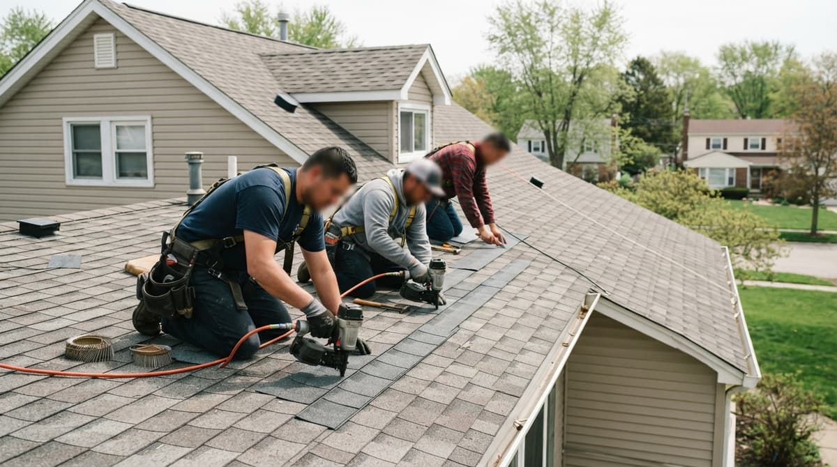 Three roofers installing new shingles on a two-story home