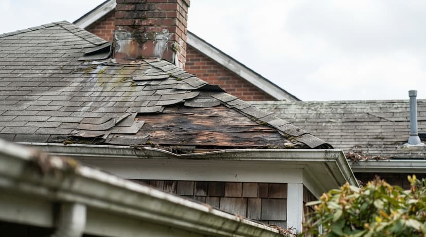Broken and lifted shingles around a brick chimney