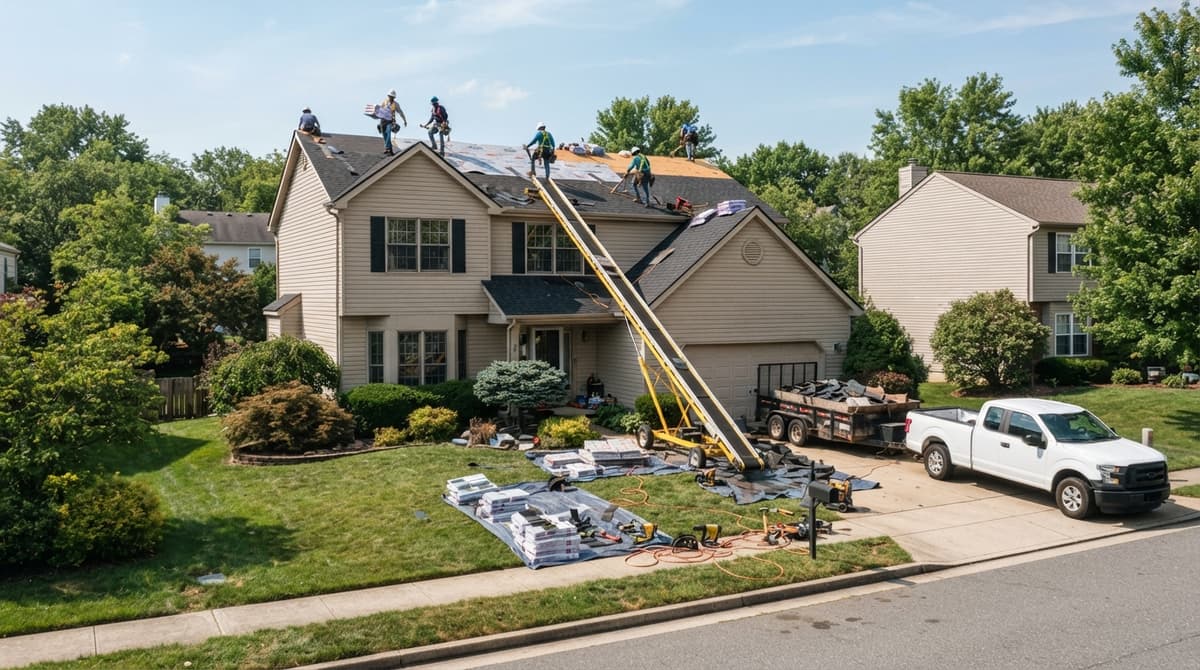 A crew replacing a roof, with shingle bundles on the lawn and a truck in the driveway