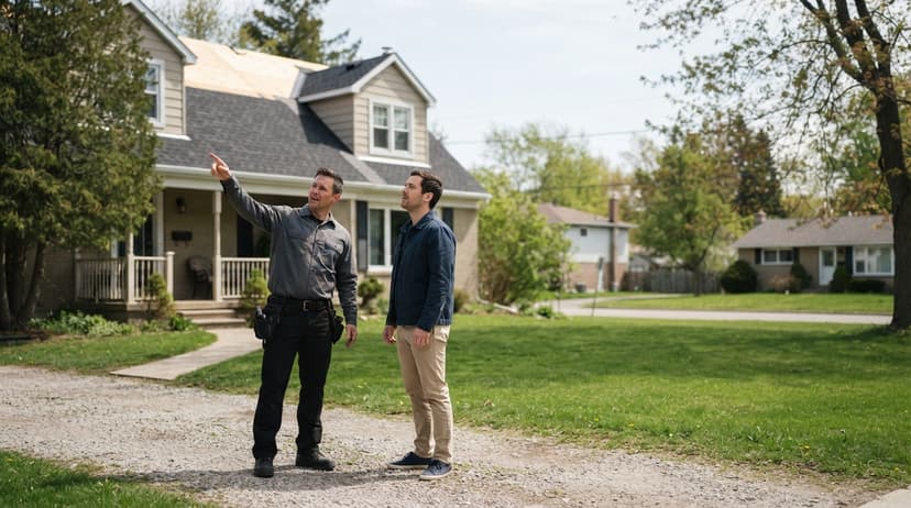 A roofer and a homeowner looking at the roof from the driveway