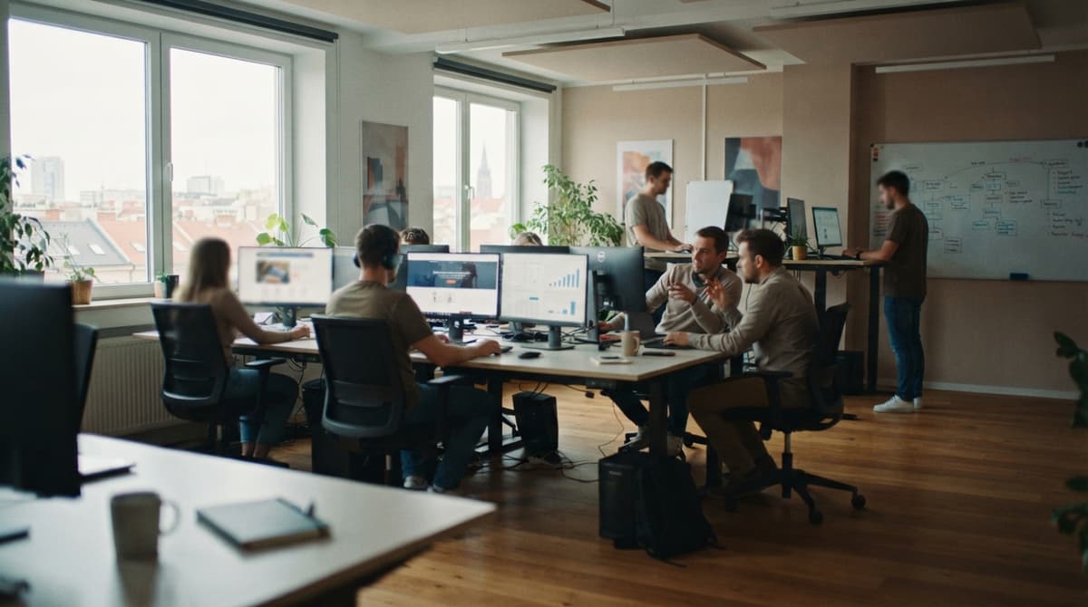 A marketing team working at desks in a bright open office