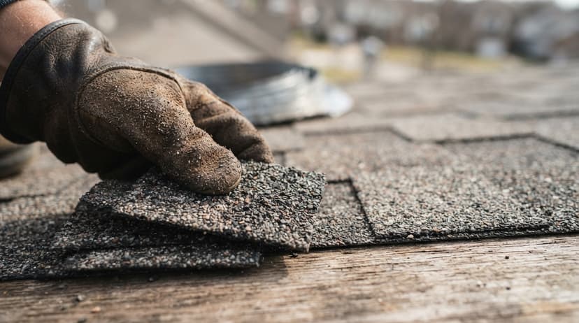 A gloved hand pressing a new asphalt shingle into place