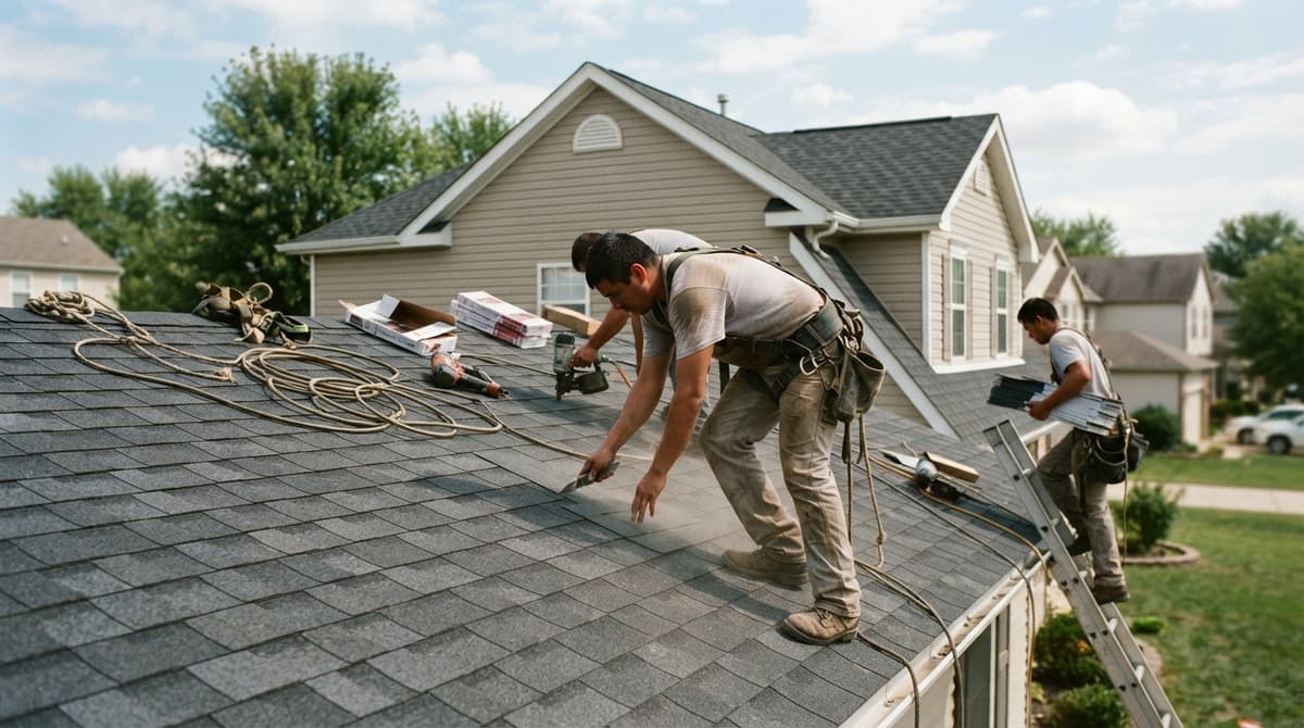 Two roofers laying new shingles on a suburban home