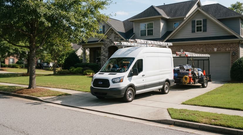 A roofing company van and trailer parked in a residential driveway