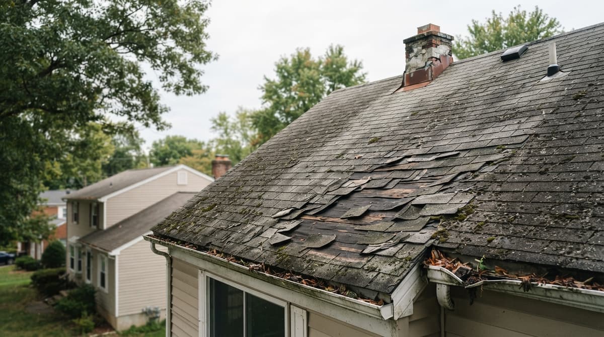 An older roof with missing and lifted shingles above the gutter