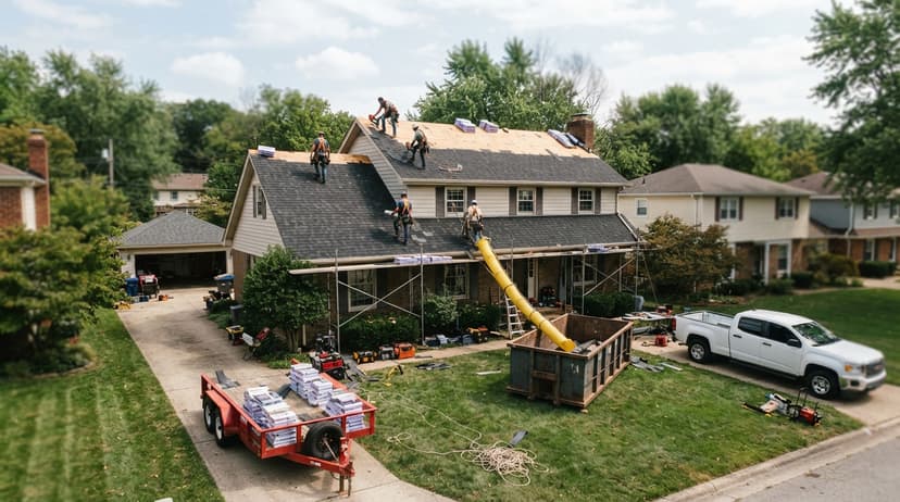 Aerial view of a roofing crew working on a house, with a dumpster trailer in the driveway