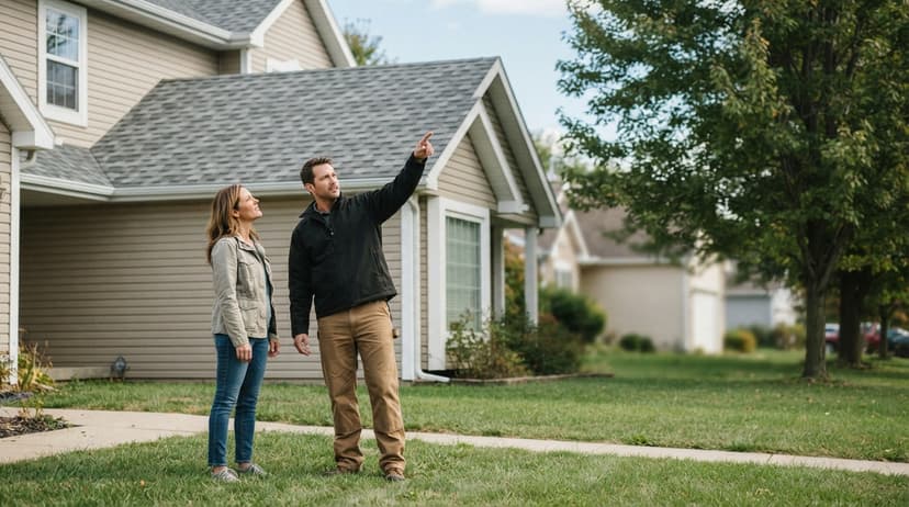 A roofer pointing out work on a house to the homeowner