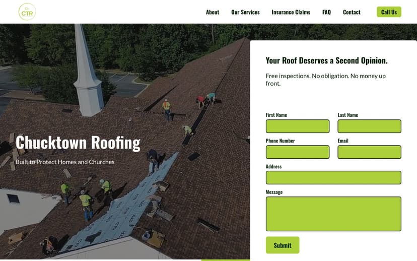 Chucktown Roofing's homepage, with a free inspection form beside the hero photo