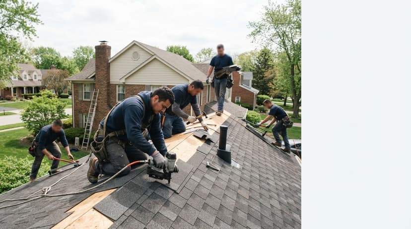 Roofers tearing off and replacing shingles on a two-story home