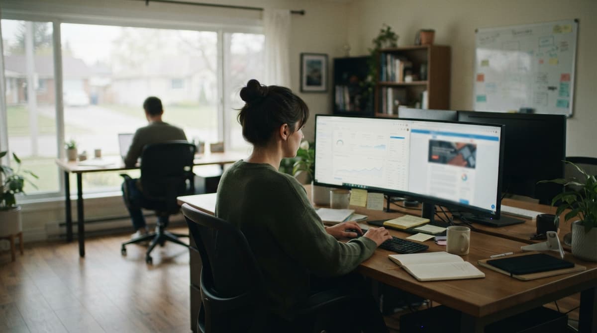 Two people at their desks working on websites in a bright home office