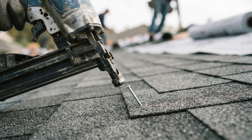A roofer driving nails into new asphalt shingles with a nail gun