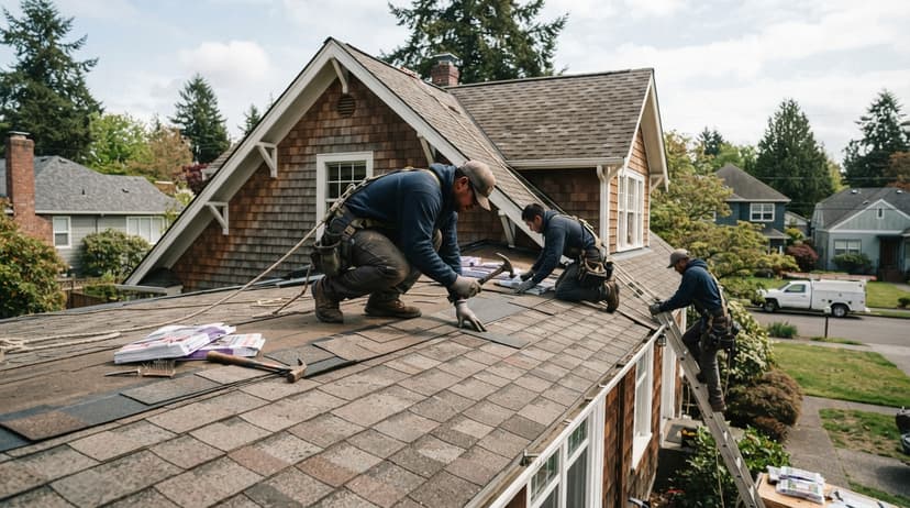 A roofing crew laying new shingles on a steep house roof