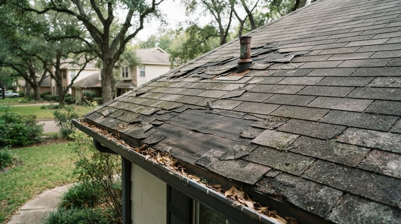 Worn, curling shingles and leaves in the gutter on an older home