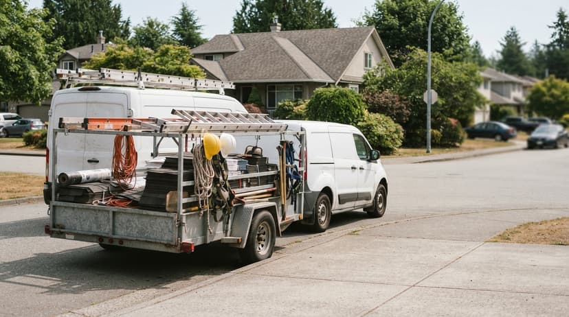 A roofing crew's van and equipment trailer parked on a residential street
