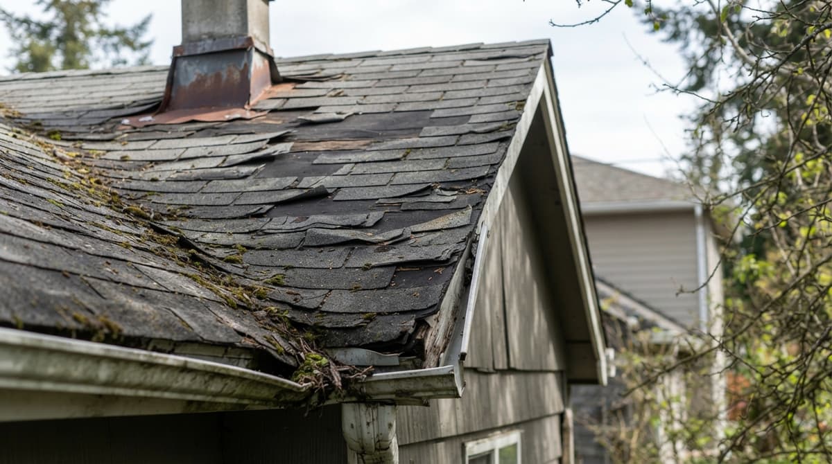 An old roof with curled, broken shingles and moss along the gutter