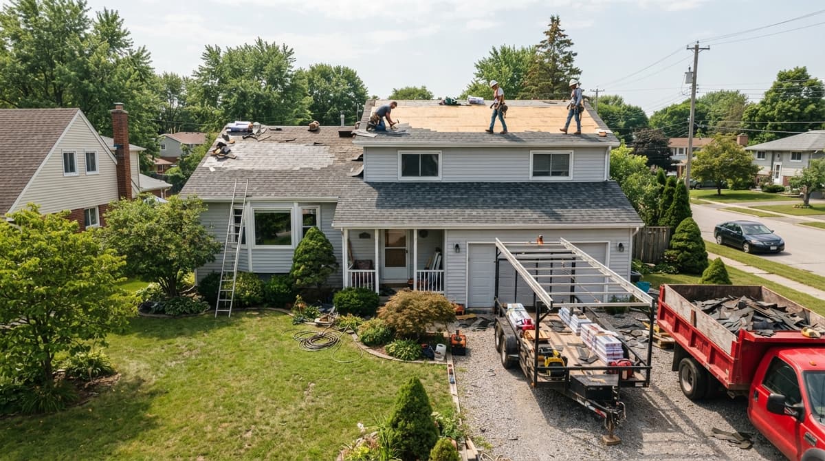 Aerial view of a roof replacement in a residential neighborhood, with a dump truck in the driveway