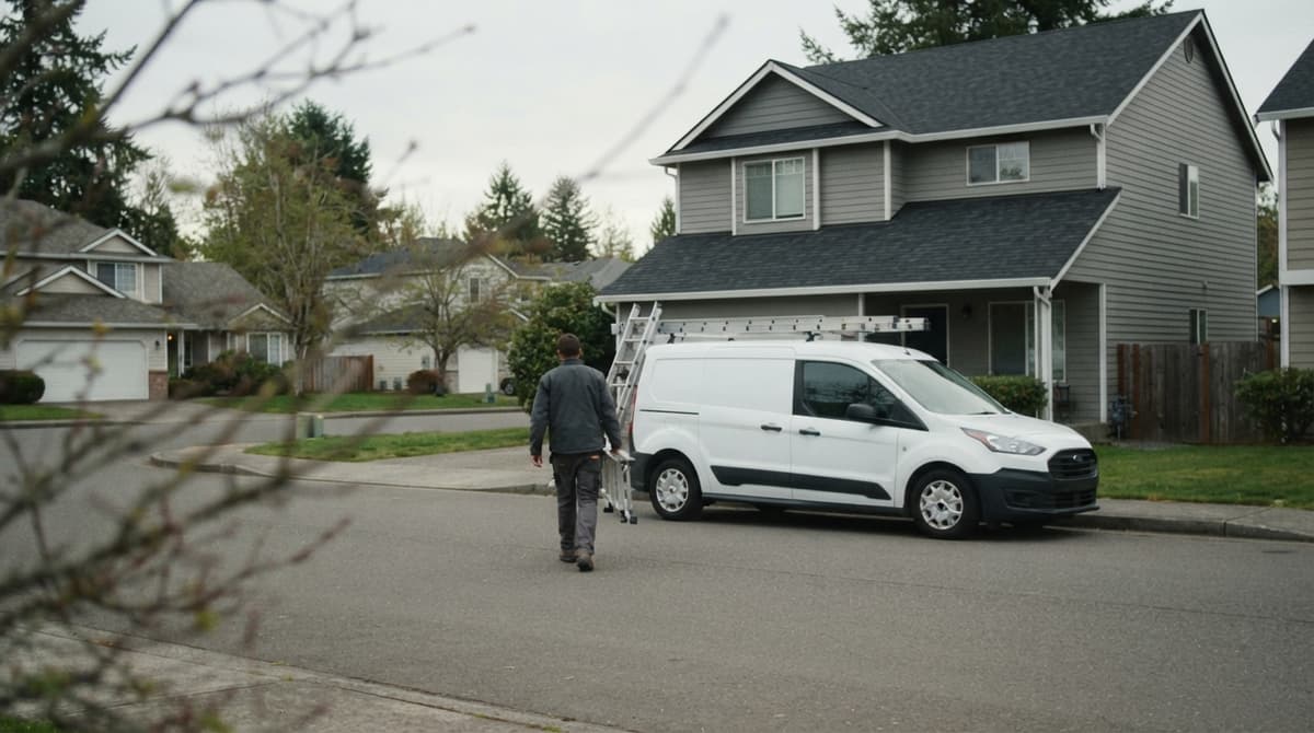 A roofer walking past his work van on a residential street