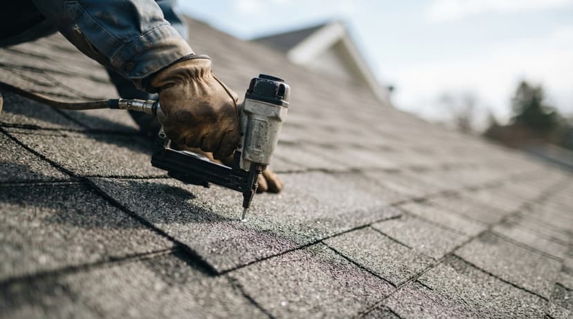 A gloved hand driving roofing nails with a nail gun