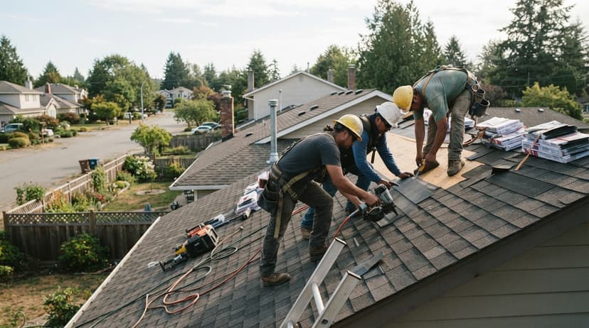 Three roofers in hard hats laying new shingles on a house