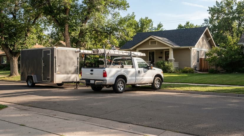 A work van parked outside a two-story house