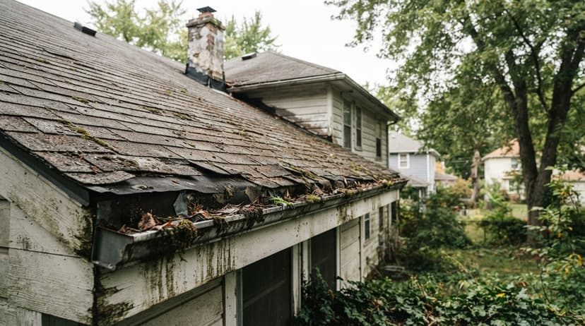 A worn roof with moss and a sagging gutter on an older house