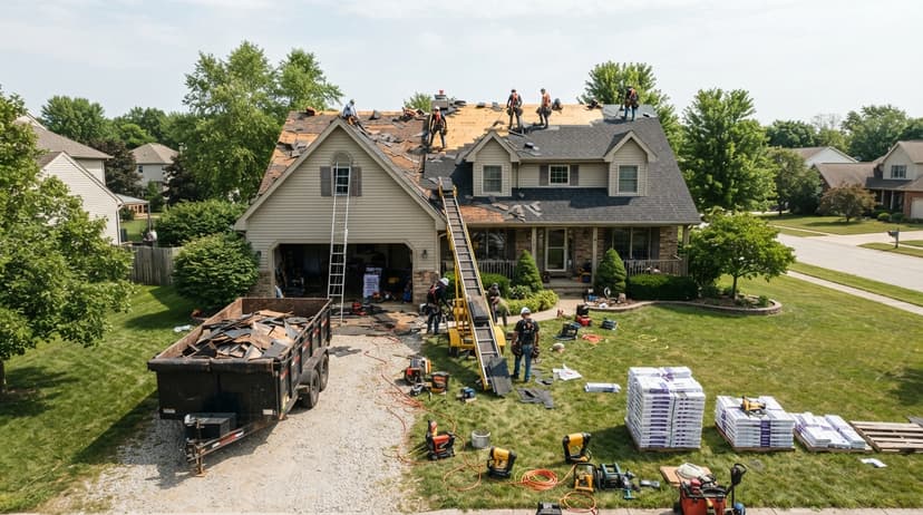 Aerial view of a roof tear-off with a dumpster and stacked shingle bundles in the yard